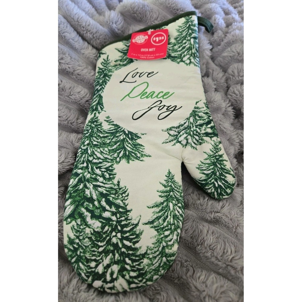 Christmas House Love Peace Joy Pine Tree Oven Mitt 100% Cotton Green White NWT